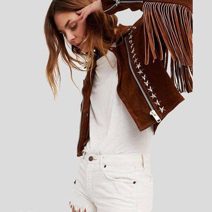 Nora Brown Studded Suede Leather Jacket Fringes