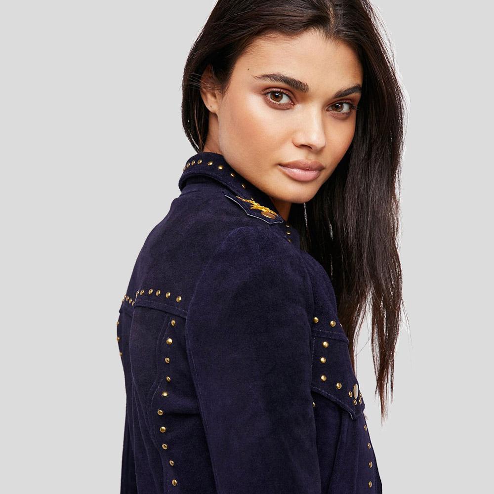 Eliza Blue Studded Suede Leather Jacket
